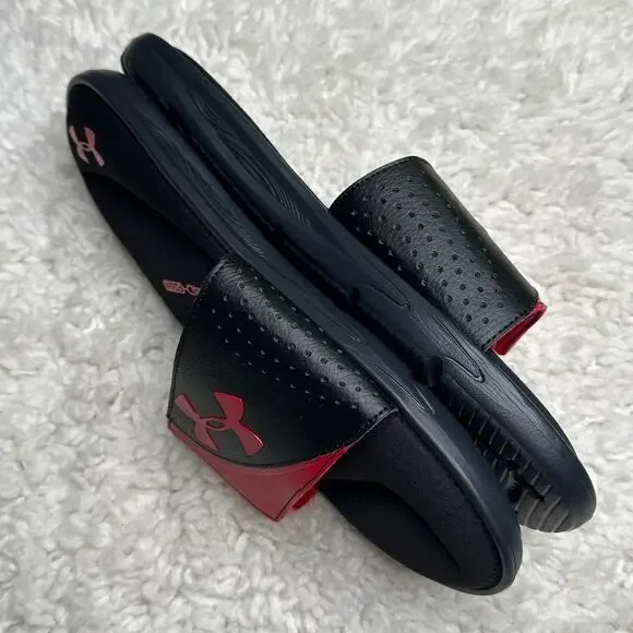 Under Armor Red Black Memory 4D-Foam Adjustable Strap Sporty Slides Casual - Picture 2 of 6